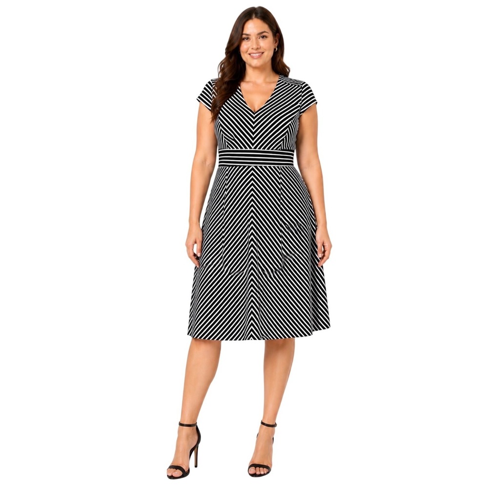 NWT City Chic Chevron Stripe Fit & Flare Dress Black White Plus Size M 18